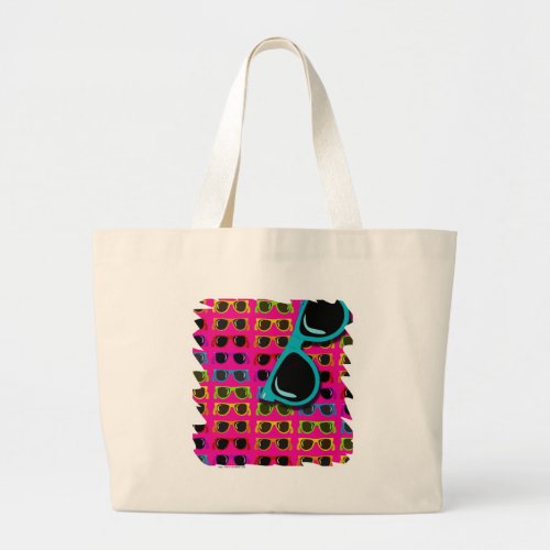 Awesome Eighties Sunglasses on Pink Large Tote Bag