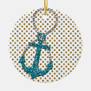 Awesome faux glitter peacock blue nautical anchor ceramic ornament