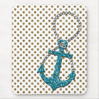 Awesome faux glitter peacock blue nautical anchor mouse pad