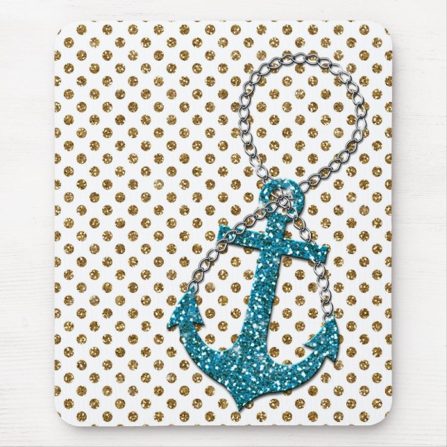 Awesome faux glitter peacock blue nautical anchor mouse pad (Front)