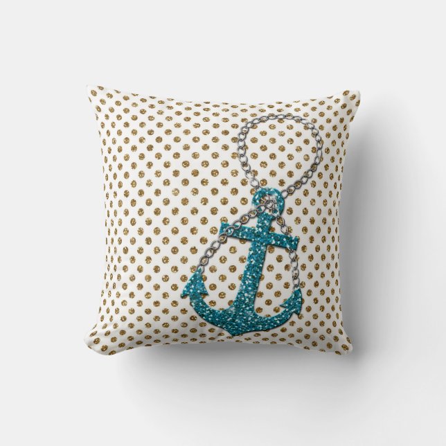 Awesome  faux glitter peacock blue nautical anchor throw pillow (Front)