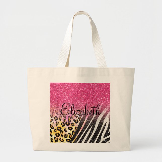 Awesome girly trendy leopard print, zebra stripes large tote bag (Front)