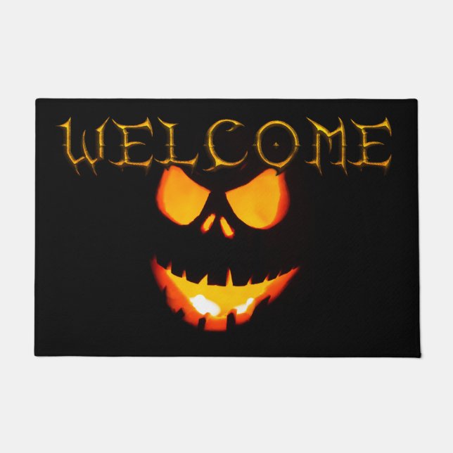 Awesome Glowing Scary Pumpkin Halloween Welcome Doormat (Front)