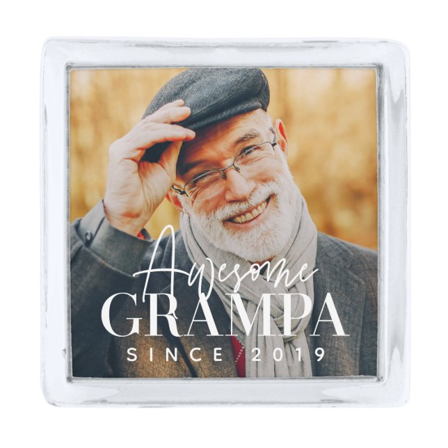 Awesome Grampa Since 20XX Simple Elegant Photo Silver Finish Lapel Pin (Front)