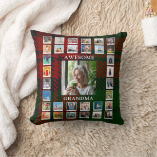 Awesome Grandma Photo Collage Black Red Tartan Throw Pillow