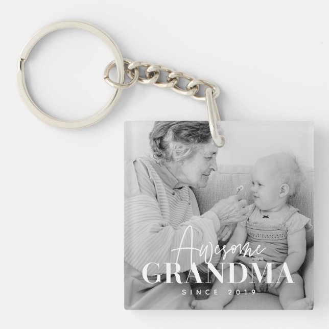 Awesome Grandma Since 20XX Simple Elegant Photo Keychain (Front)