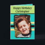 Awesome Grandson add photo turquoise birthday Card<br><div class="desc">For an awesome Grandson birthday greeting card.
This card is sure to put a smile on his face and make him feel special.
just add your personalized message inside and replace the photo with your own.
Color scheme is yellow,  green and turquoise.</div>