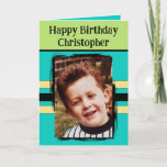 Awesome Grandson add photo turquoise birthday Card<br><div class="desc">For an awesome Grandson birthday greeting card.
This card is sure to put a smile on his face and make him feel special.
just add your personalized message inside and replace the photo with your own.
Color scheme is yellow,  green and turquoise.</div>