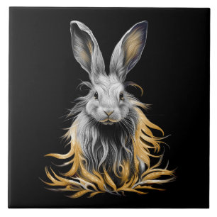 Awesome Gray Rabbit on Fire Ceramic Tile