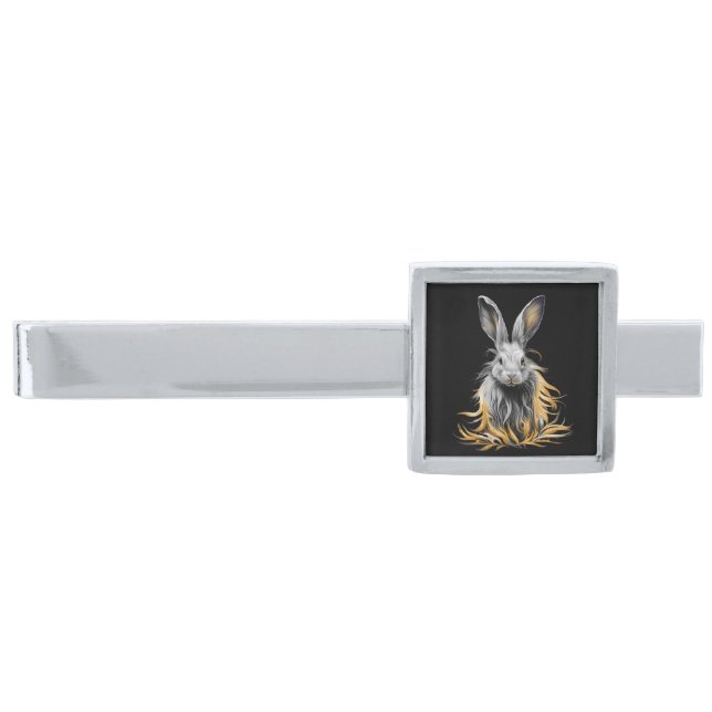 Awesome Gray Rabbit on Fire  Silver Finish Tie Bar (Front)