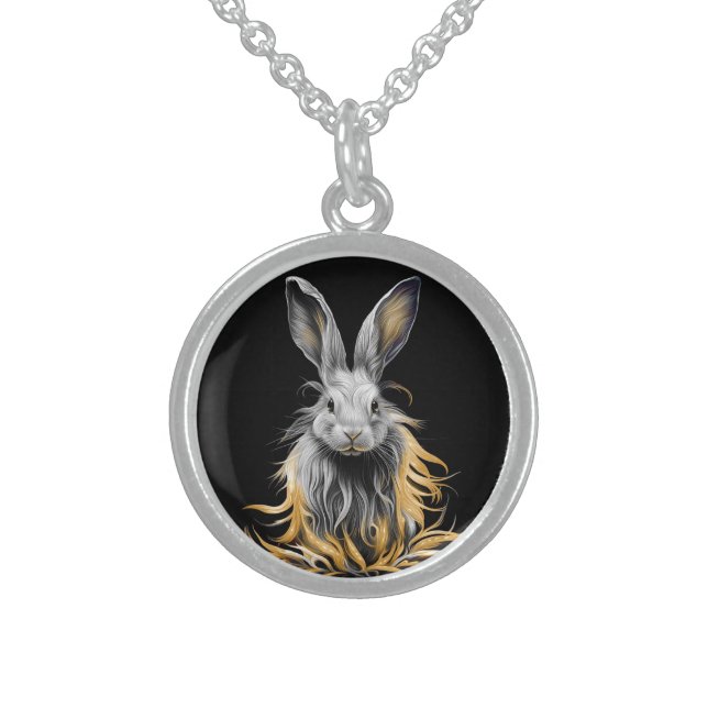 Awesome Gray Rabbit on Fire  Sterling Silver Necklace (Front)