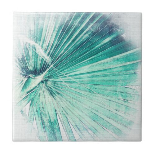 Awesome Green Palm Tree Leaf Watercolour Ceramic Tile