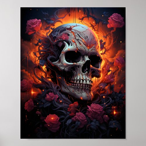 Awesome Halloween Skull Art In Purple Roses Poster