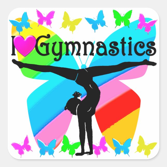 AWESOME I LOVE GYMNASTICS BUTTERFLY DESIGN SQUARE STICKER (Front)