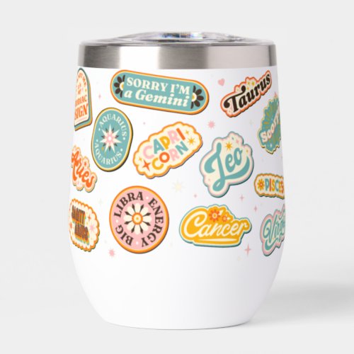 Awesome lettering zodiac sign badges thermal wine tumbler
