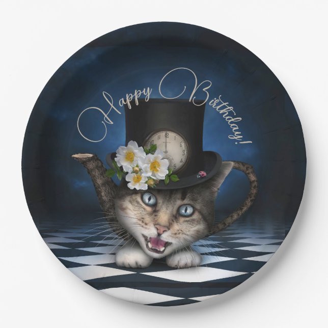 Awesome Mad Hatter Teapot Cat Whimsical Birthday Paper Plates (Front)