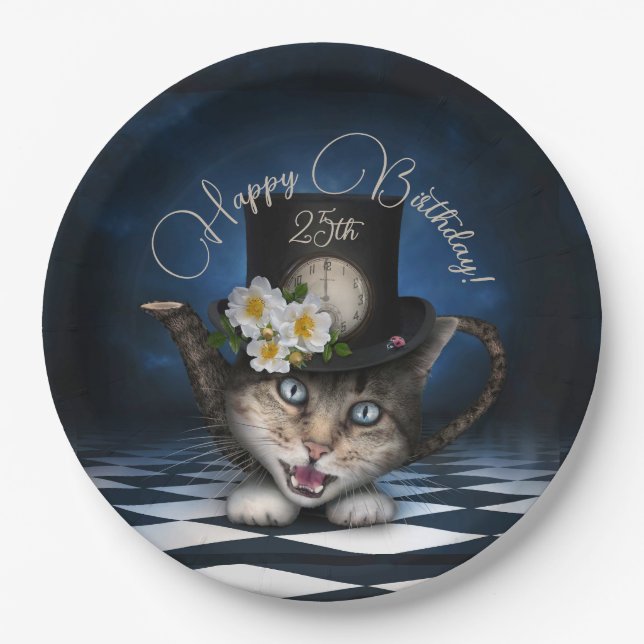 Awesome Mad Hatter Teapot Cat Whimsical Birthday Paper Plates (Front)