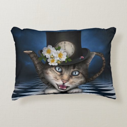 Awesome Mad Hatter Teapot Cat Whimsical Design Accent Pillow
