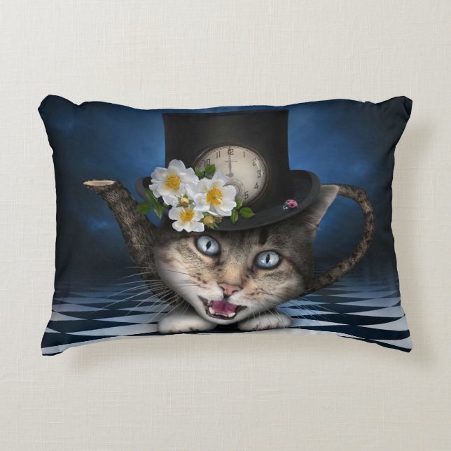 Awesome Mad Hatter Teapot Cat Whimsical Design Accent Pillow (Front)