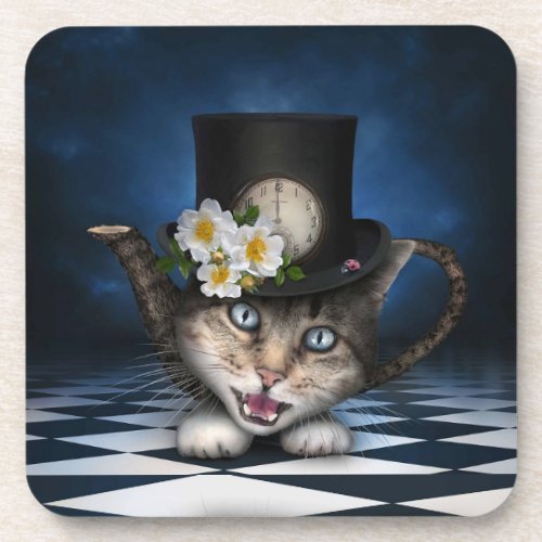 Awesome Mad Hatter Teapot Cat Whimsical Design Beverage Coaster