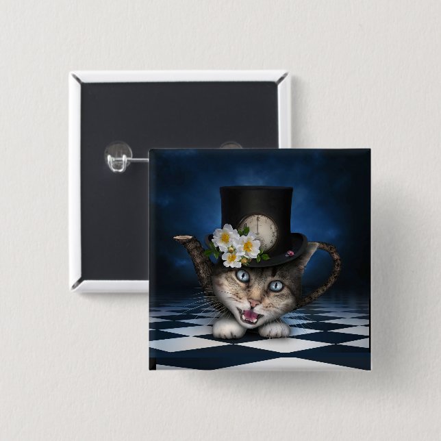Awesome Mad Hatter Teapot Cat Whimsical Design Button (Front & Back)