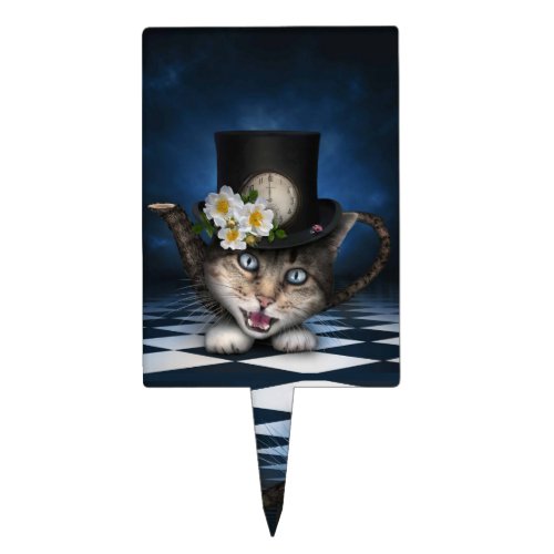 Awesome Mad Hatter Teapot Cat Whimsical Design Cake Topper