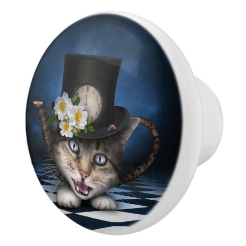Awesome Mad Hatter Teapot Cat Whimsical Design Ceramic Knob