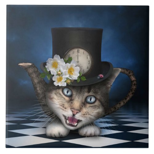 Awesome Mad Hatter Teapot Cat Whimsical Design Ceramic Tile