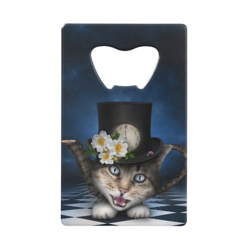 Awesome Mad Hatter Teapot Cat Whimsical Design Credit Card Bottle Opener
