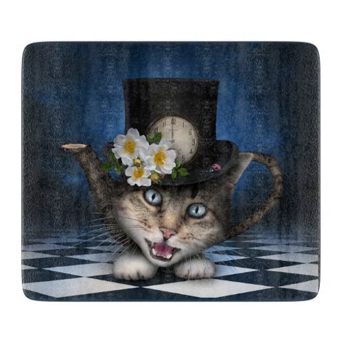 Awesome Mad Hatter Teapot Cat Whimsical Design Cutting Board