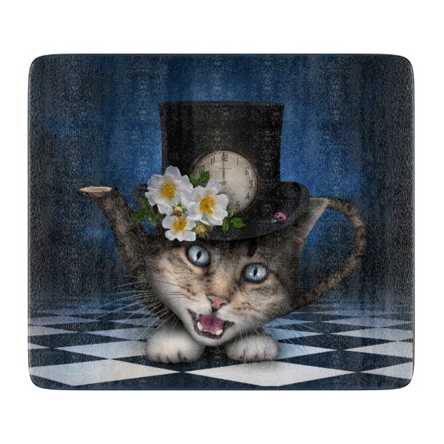 Awesome Mad Hatter Teapot Cat Whimsical Design Cutting Board (Front)
