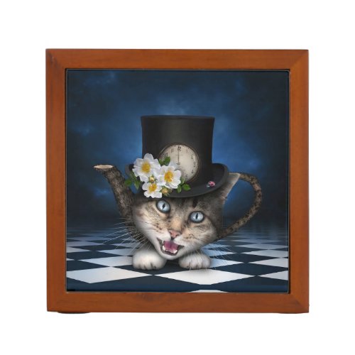 Awesome Mad Hatter Teapot Cat Whimsical Design Desk Organizer