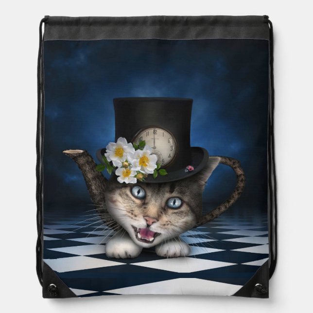 Awesome Mad Hatter Teapot Cat Whimsical Design Drawstring Bag (Front)