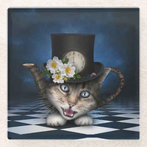 Awesome Mad Hatter Teapot Cat Whimsical Design Glass Coaster