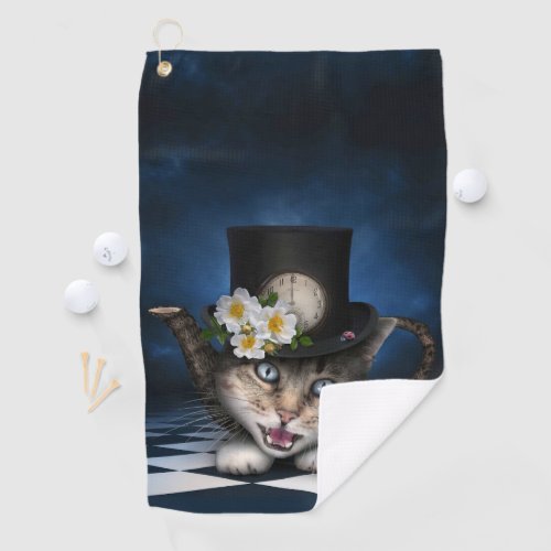 Awesome Mad Hatter Teapot Cat Whimsical Design Golf Towel