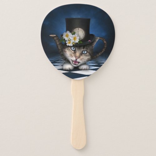 Awesome Mad Hatter Teapot Cat Whimsical Design Hand Fan