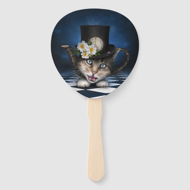 Awesome Mad Hatter Teapot Cat Whimsical Design Hand Fan (Front)