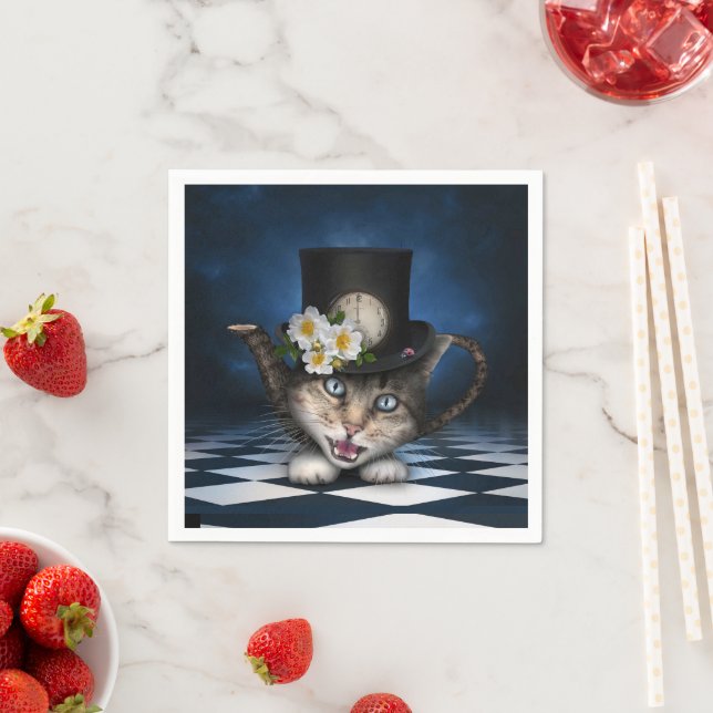 Awesome Mad Hatter Teapot Cat Whimsical Design Napkins (Insitu)