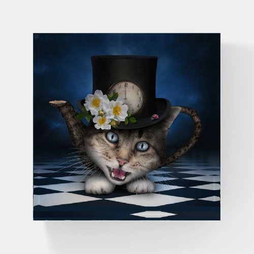 Awesome Mad Hatter Teapot Cat Whimsical Design Paperweight