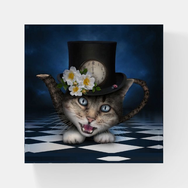 Awesome Mad Hatter Teapot Cat Whimsical Design Paperweight (Front)