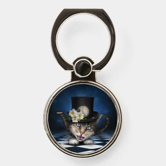 Awesome Mad Hatter Teapot Cat Whimsical Design Phone Ring Stand (Front)