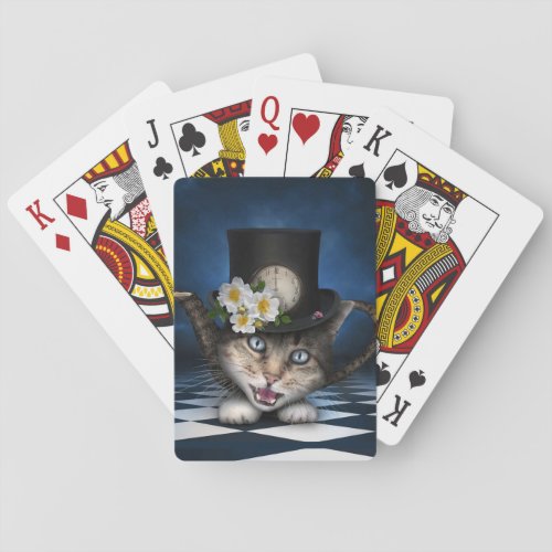 Awesome Mad Hatter Teapot Cat Whimsical Design Playing Cards