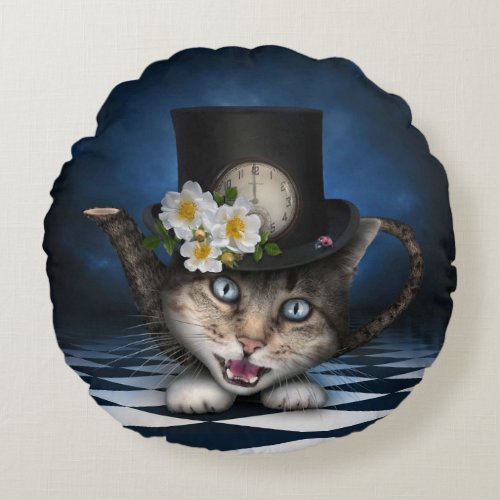 Awesome Mad Hatter Teapot Cat Whimsical Design Round Pillow