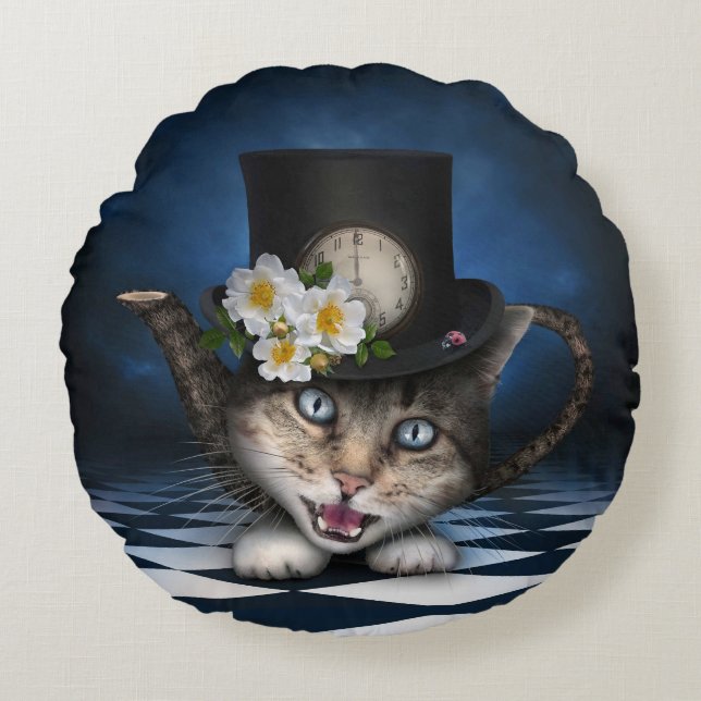 Awesome Mad Hatter Teapot Cat Whimsical Design Round Pillow (Front)
