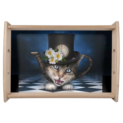 Awesome Mad Hatter Teapot Cat Whimsical Design Serving Tray