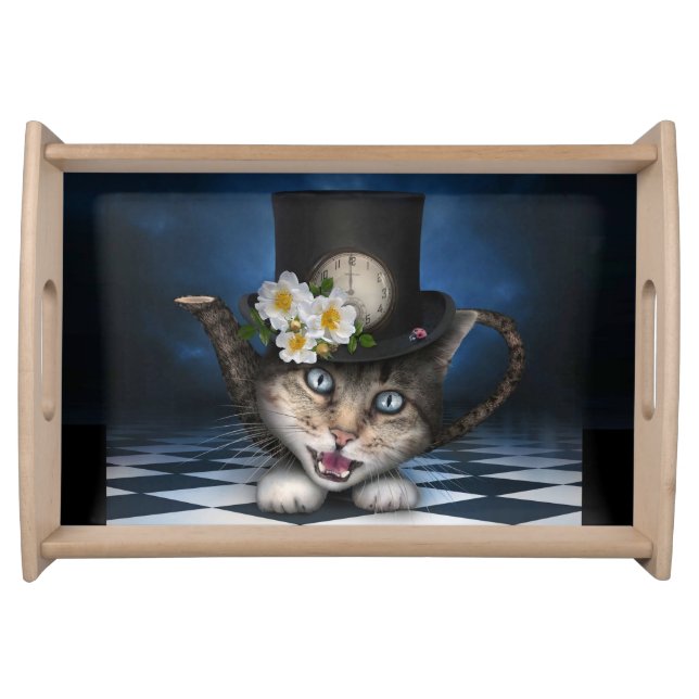 Awesome Mad Hatter Teapot Cat Whimsical Design Serving Tray (Front)