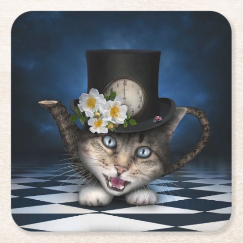 Awesome Mad Hatter Teapot Cat Whimsical Design Square Paper Coaster