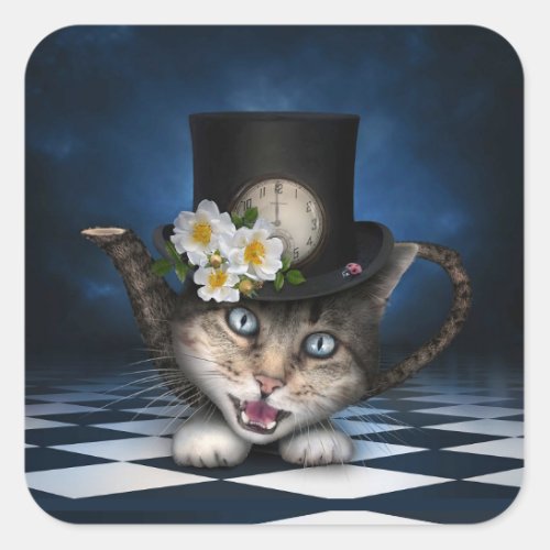 Awesome Mad Hatter Teapot Cat Whimsical Design Square Sticker