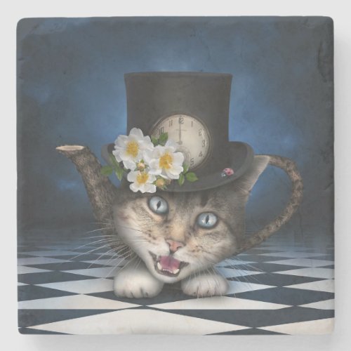 Awesome Mad Hatter Teapot Cat Whimsical Design Stone Coaster