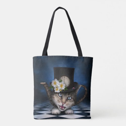 Awesome Mad Hatter Teapot Cat Whimsical Design Tote Bag
